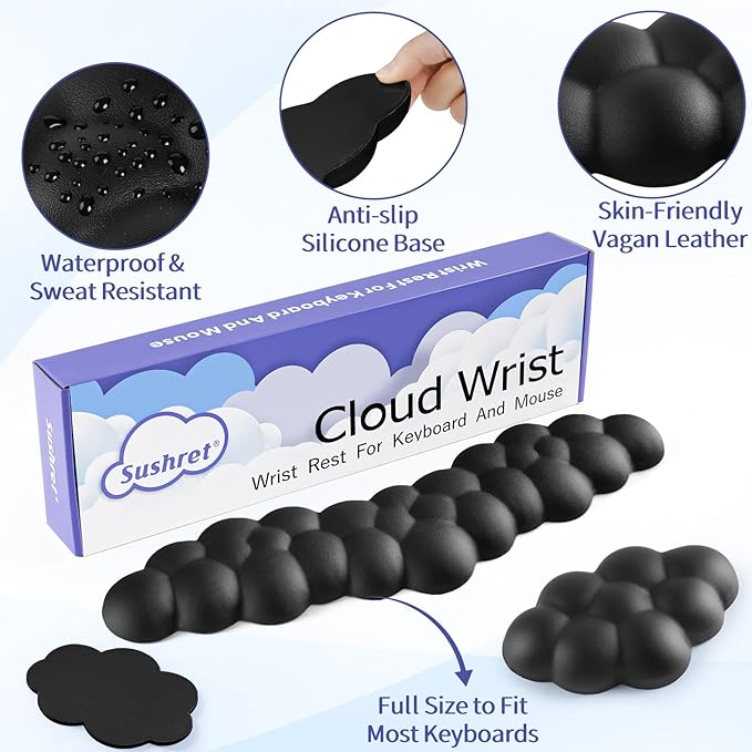 Cloud Wrist Rest Keyboard, Cloud Palm Rest Set with PU Leather Memory Foam, Cute Keyboard Rest for Wrist Support and Arm Rest, Desk Cloud Wrist Pad for PC/Gaming/Hand Cushion/Computer-Black