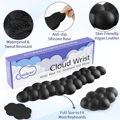 Cloud Wrist Rest Keyboard, Cloud Palm Rest Set with PU Leather Memory Foam, Cute Keyboard Rest for Wrist Support and Arm Rest, Desk Cloud Wrist Pad for PC/Gaming/Hand Cushion/Computer-Black