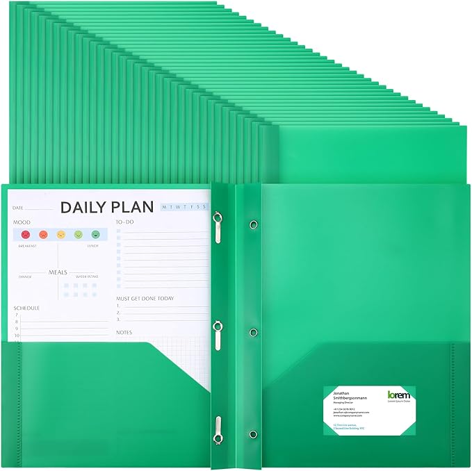 Cholemy 36 Pcs Plastic Pocket Folders with Prong 2 Heavy Duty Pockets Folders with 3 Prongs Letter Size Paper Folders Bulk File Plastic Folders with Fasteners for Office Workers (Green)