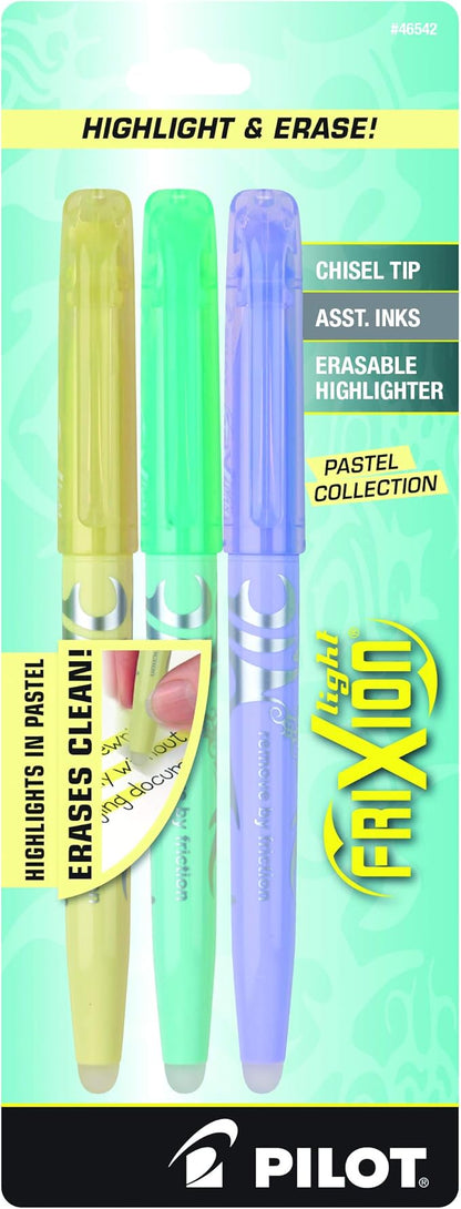 Pilot, FriXion Light Pastel Erasable Highlighters, Chisel Tip, Pack of 3, Pastel Yellow, Green & Purple