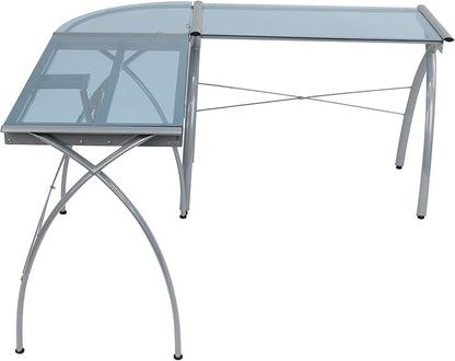 SD STUDIO DESIGNS Futura LS WorkCenter with Tilt Top Adjustable Drafting Table Craft Table Drawing Desk Hobby Table Writing Desk Studio Desk, Silver / Blue Glass
