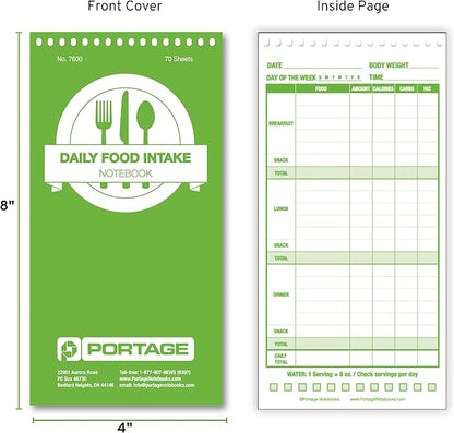 Portage Food Diet Journal - Notebook for Daily Food Intake with Template to Track Calories, a Food Diary, Meal Tracker – 4 x 8 Inches, 70 Sheets, 140 Pages, (Pack of 3)