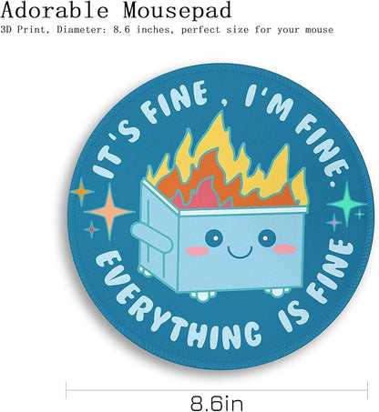 Gctriki Dumpster on Fire Mouse Pad for Desk, Funny Blue Round Mousepad for Computer Laptop Gaming, Stitched Edge Non-Slip Rubber Base, Cute Home Office Desk Accessories Decor for Women