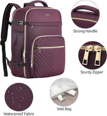 Travel Backpack for Women, Carry On Backpack for Airplanes Flight Approved, Waterproof Large Weekender Overnight Bag Fit 17 Inch Laptop with USB Charging Port, Dark Purple