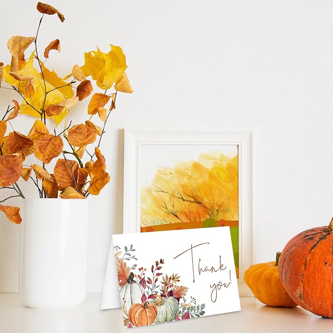Whaline 50 Pack Fall Thank You Cards Bulk Boxed Watercolor Autumn Leaves Pumpkin Thank You Note Cards with Kraft Envelopes Sticker Thanksgiving Blank Greeting Cards for Wedding Baby Shower