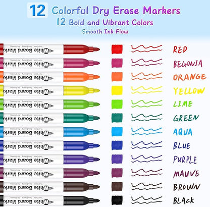 SFAIH Low Odor Dry Erase Markers Fine Tip - Whiteboard Markers 12 Pack 12 Assorted Color, Fine Tip Dry Erase Markers For Kids Adults, Color Markers for Classroom