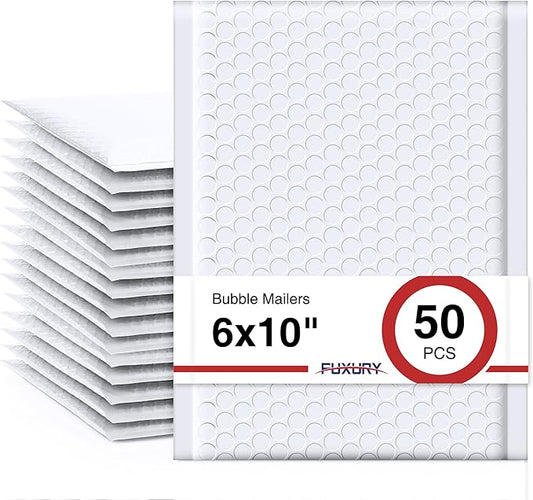 Fuxury Bubble Mailer, 6x10 Inch Bubble Mailers 50 Pack, Self-Seal Adhesive Padded Envelopes, Water Resistant Mailers, Shipping Envelopes for Packaging, Small Business, Mailing,Bulk White#0