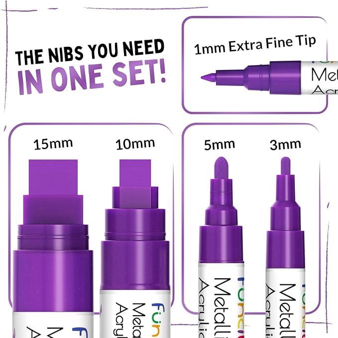 5 Metallic Acrylic Purple Paint Pen - Extra Fine Tip, Thin & Jumbo (1mm, 3mm, 6mm, 10mm, 15mm) - Markers for Fabric, Metal, Plastic, Canvas, Wood, Rock Painting, Glass, Purple Permanent Marker
