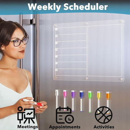 Acrylic Magnetic Meal Planner Menu Board for Kitchen Fridge w/ 8 Markers, Clear Refrigerator Weekly Dry Erase Calendar Planning Noteboard to Do/Grocery/Shopping List/Chore Chart/, 15 x 11"