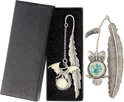Vintage Feather Dragon Metal Bookmark, Unique Glow in The Dark Bookmark Dragon Gift Fantasy Bookmark Gifts Cool Bookmarks for Women Men, Book Reading Lovers (Antique Silver Dragon)