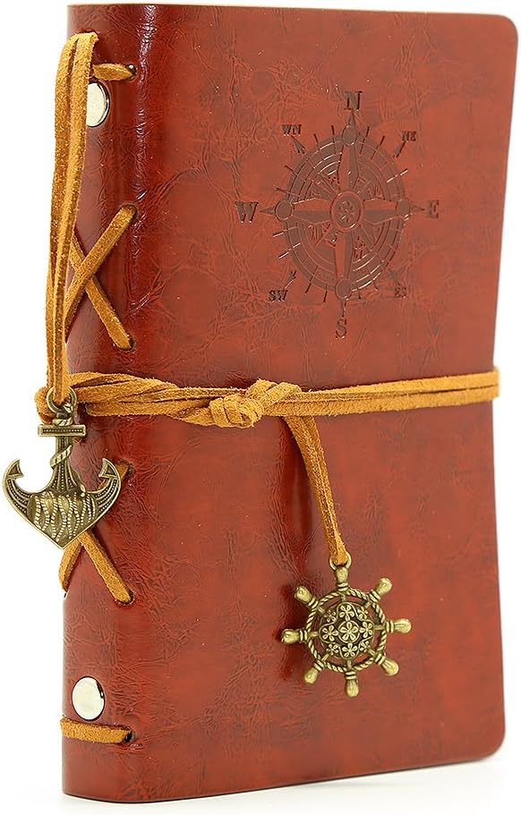 EvZ Leather Writing Journal Notebook, 5 Inches Vintage Nautical Spiral Blank String Diary Notepad Sketchbook Travel to Write in, Unlined Paper, Retro Pendants, Classic Embossed, Red Brown