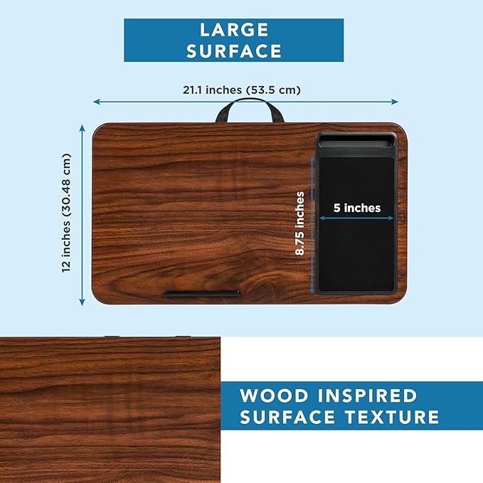 LAPGEAR Home Office Lap Desk with Device Ledge, Mouse Pad, and Phone Holder - Espresso Woodgrain - Fits up to 15.6 Inch Laptops - Style No. 91575