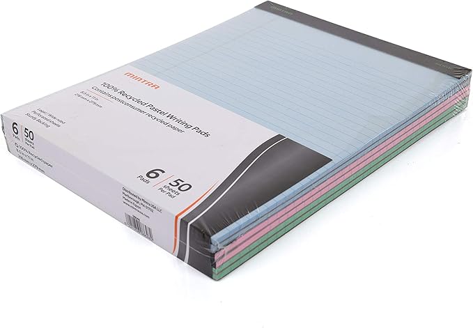 Mintra Office Recycled Writing Pads 6pk (Pastel, Wide Ruled (8.5in x 11in)) - 50 Sheets per Notepad, Micro perforated, Legal Pad, Notebook Paper for School, College, Office, Business