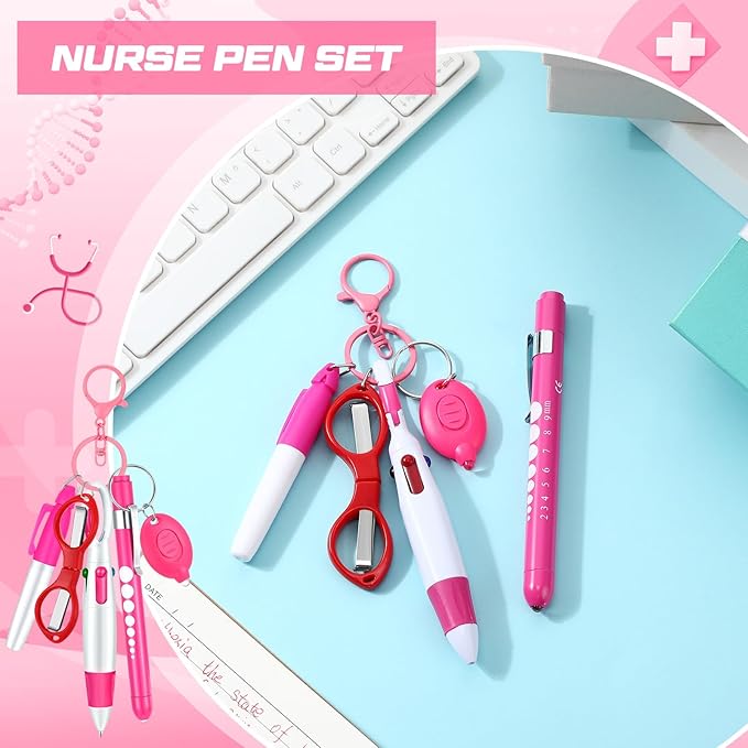 6 Pcs Nurse Pen Set Include Permanent Marker Pen Retractable Ballpoint Pen Keychain Clip Foldable Scissors Lights LED Flashlight Keychain for Nurse Accessories(Pink)