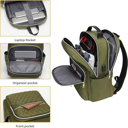 Modoker 15.6 Inch Laptop Backpack for Women, Quilted Work Backpack for Women Bookbag Teacher Backpack, Travel Backpack with USB Charging Port, Backpack Purse for Women Nurse, Green