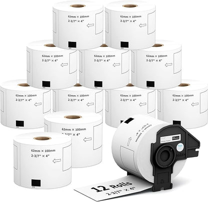 12 Rolls 2.4" x 3.9" Shipping Labels Replacement for Brother DK-1202, 3600 Labels, 1 Detachable Frame, Compatible with Brother QL Printers, Clear & Durable Adhesive