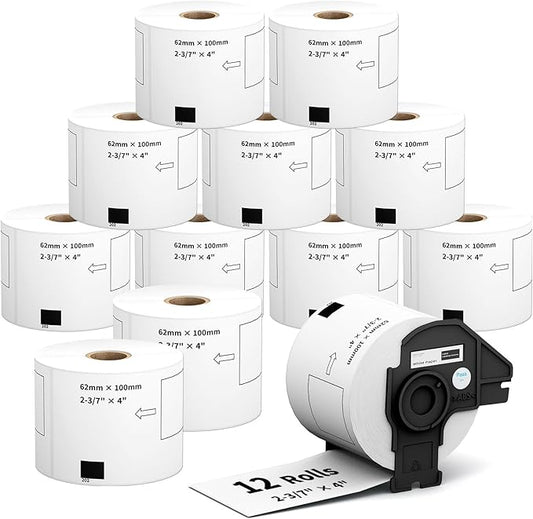 12 Rolls 2.4" x 3.9" Shipping Labels Replacement for Brother DK-1202, 3600 Labels, 1 Detachable Frame, Compatible with Brother QL Printers, Clear & Durable Adhesive