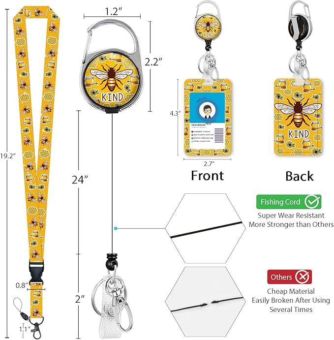 Cute Bee Kind Lanyards for Id Badges, Retractable ID Badge Holder with Detachable Lanyard, Fashionable Badge Reel Heavy Duty with 360 Degrees Rotate Carabiner Clip, Nurse Teacher Office Gifts