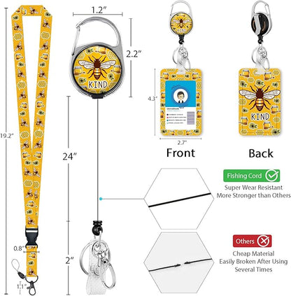 Cute Bee Kind Lanyards for Id Badges, Retractable ID Badge Holder with Detachable Lanyard, Fashionable Badge Reel Heavy Duty with 360 Degrees Rotate Carabiner Clip, Nurse Teacher Office Gifts