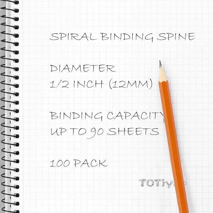 TOTiyea 100 Pack Plastic Spiral Binding Coils,12mm(1/2") Binding Spirals,90 Sheet Capacity,4:1 Pitch, Black