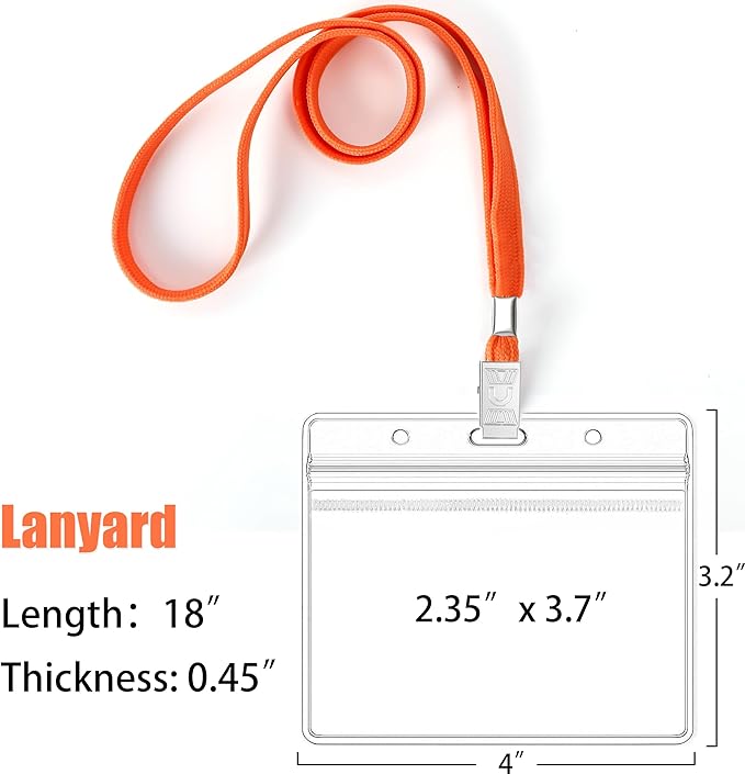 100Pcs Clear Plastic Horizontal Name Tags Badge ID Card Holders and 100Pcs Lanyards with Clip (Orange)