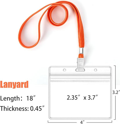 100Pcs Clear Plastic Horizontal Name Tags Badge ID Card Holders and 100Pcs Lanyards with Clip (Orange)