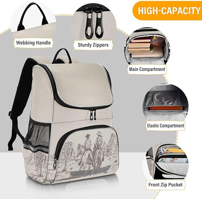 Western Desert Cowboy Backpack with Reflective Strip for Kids Boys Girls Elementary School Bag Removable Chest Strap