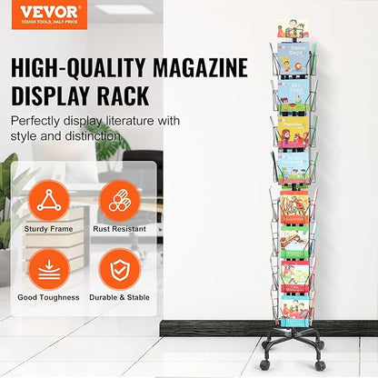 VEVOR Card Display Stand, 32-Slot Rotatable Postcard Holder, 360-Degree Spin with Title Clip & 4 Casters (2 with Brakes) for Office, Exhibits, and Fairs