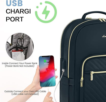 LOVEVOOK Leather Backpack for Women,17.3 inch Leather Laptop Backpack Women Computer Backpack Laptop Bag,Stylish Quilted Travel Backpack Purse Work Bag Teacher Backpack with USB Port,Dark Blue-green