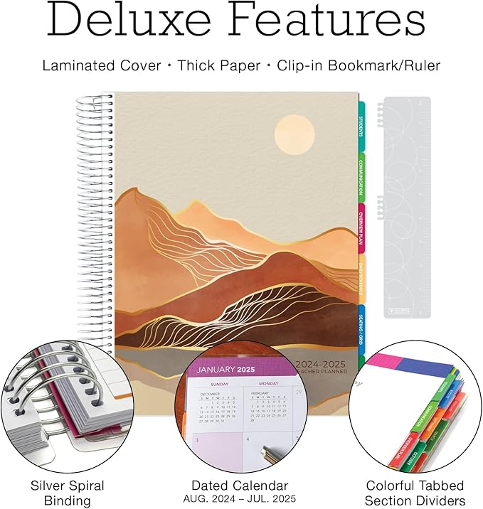 Aug 2024-Jul 2025 Deluxe Teacher Planner Notebook 8.5x11 Daily Weekly Monthly Organizers with 7 Periods, Pocket Folder, Dated Calendar, Page Tabs, Bookmark and Planning Stickers (Golden Desert)
