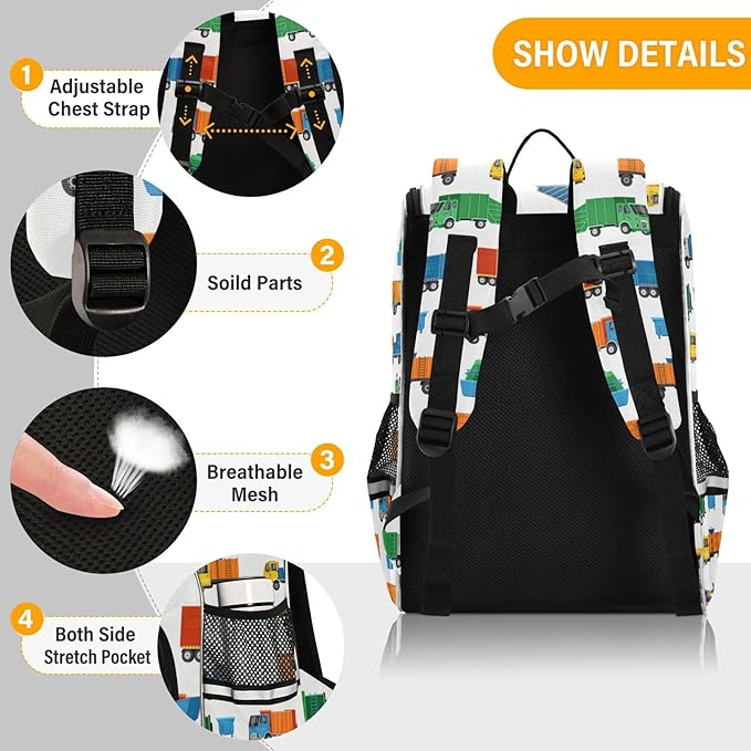 Garbage Trucks Backpack with Reflective Strip for Kids Boys Girls Elementary School Bag Removable Chest Strap