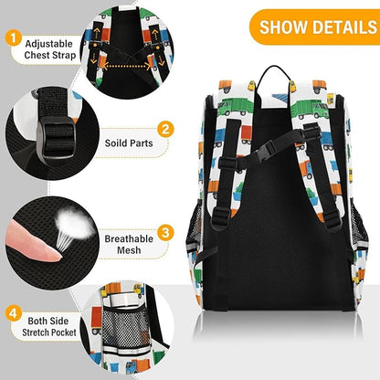 Garbage Trucks Backpack with Reflective Strip for Kids Boys Girls Elementary School Bag Removable Chest Strap