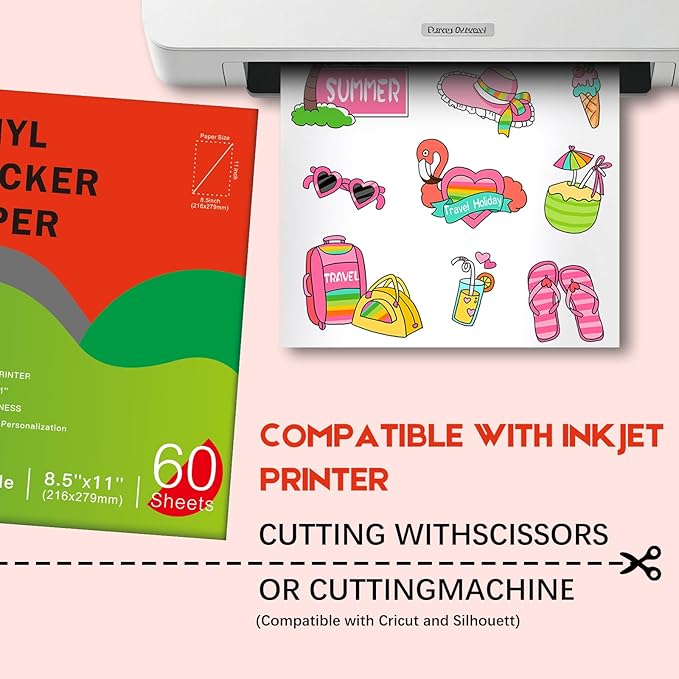 60 Sheets Premium Printable Vinyl Sticker Paper for Inkjet Printers Glossy White 8.5x11 Inch Waterproof & Vibrant Colours Retains Ink Well Tear Resistant Great for Cutting Machines