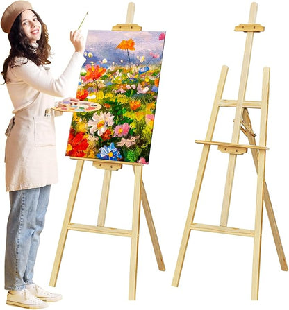 Nian Feng Wooden Easel for Painting, Large Floor Painting Stand for Adjnstable Height and Folding, 59-Inch, for Canvas Wedding Sign Poster, Art Easel for Adults and Teens (Natural)