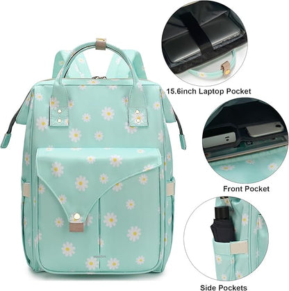 Flowers Laptop Backpack College School Backpack Bookbags Nurse Backpacks Travel Bags for Women Girls Fits 15.6 Inch Notebook (Daisy Green)