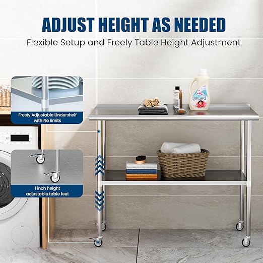Stainless Steel Table with Wheels 18 x 48 Inches Metal Prep Table with Backsplash & Caster, Adjustable Undershelf for Commercial Kitchen, Outdoor, Restaurant, Hotel & Garage
