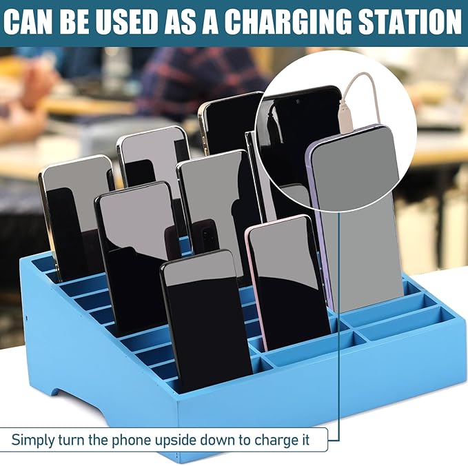 Wooden 30-Grid Cell Phones Storage Box Desktop Mobile Phone Holder Organizer for Office School Classroom (30-Grid Blue)