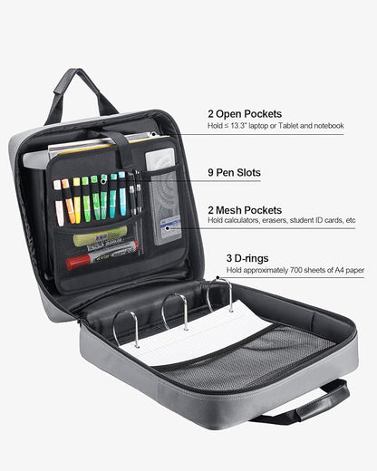 3 Inch 3 Ring Zipper Binder with Shoulder Strap & Handle & Multi-Pocket - 3" Binder with Zipper for School, Compatible with 13-Inch MacBook/Tablet -Patent Design Grey