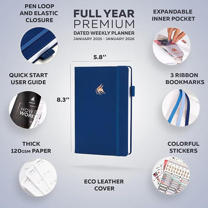 Clever Fox Dated Planner Premium Edition – 2025-2026 Weekly Planner for Planning, Goal Setting & Time Management – Planner Notebook with Habit Tracker & to-do List – A5 Size (Navy Blue)