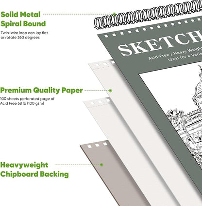 Soucolor 9" x 12" Sketch Book, Back to School Supplies, 1-Pack 100 Sheets Spiral Bound Art Sketchbook, Acid Free (68lb/100gsm) Artist Drawing Book Paper Painting Sketching Pad, College Essentials