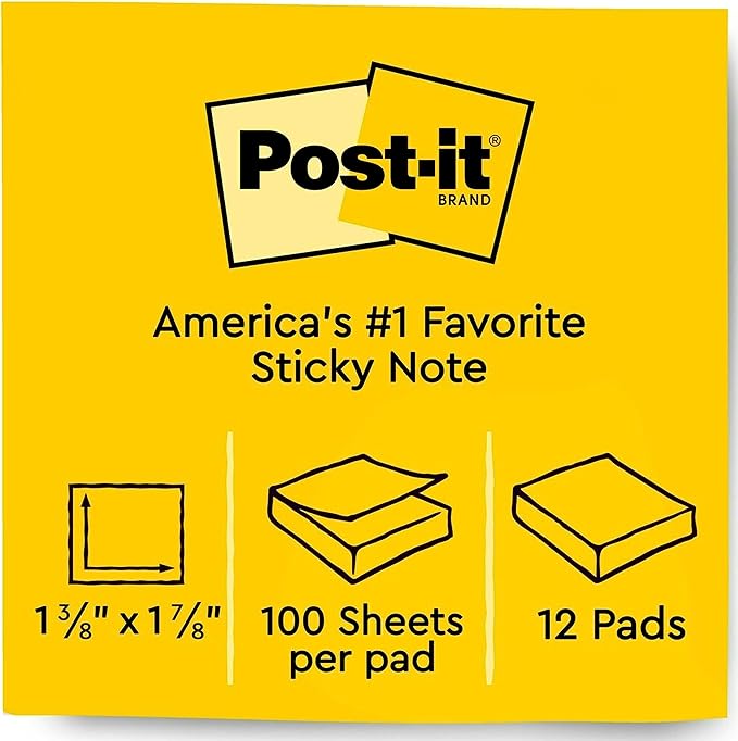 Post-it Mini Notes, 1 3/8 in. x 1 7/8 in., 12 Sticky Notes Pads, 100 Sheets per Pad, Poptimistic Collection, School Supplies and Oﬃce Products, The Original Post-it Note