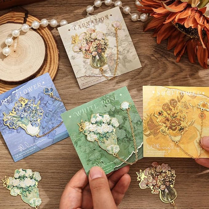 4 Pieces Metal Bookmarks with Tassel, Golden Hollow Bookmark Monet Van Gogh Oil Painting Theme Book Mark Bookmarks for Book Lovers Writers Readers Children Teens for Women