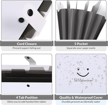 SKYDUE 5 Pocket Expanding File Folder, Letter Size Portable Accordion Folders for Documents for School Office, White