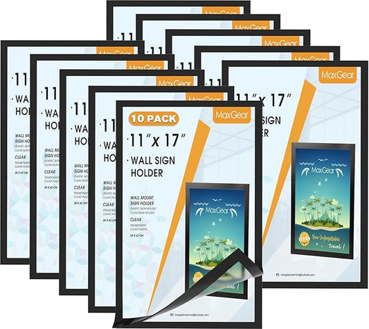 MaxGear 10 Pack Magnetic Sign Holder 11 x 17, Self Adhesive Wall Mount Sign Holder Display Picture Frames Window Sign Holder, Document Poster Paper Flyer Holder for Home Office Store