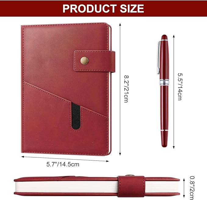 A5 Leather Journal Notebook with Pen, 200 Pages Hardcover Journal with Pocket, 100gsm Thick Lined Paper Daily Diary for Men and Women, Great Gift for Business School Travel Personal - Red