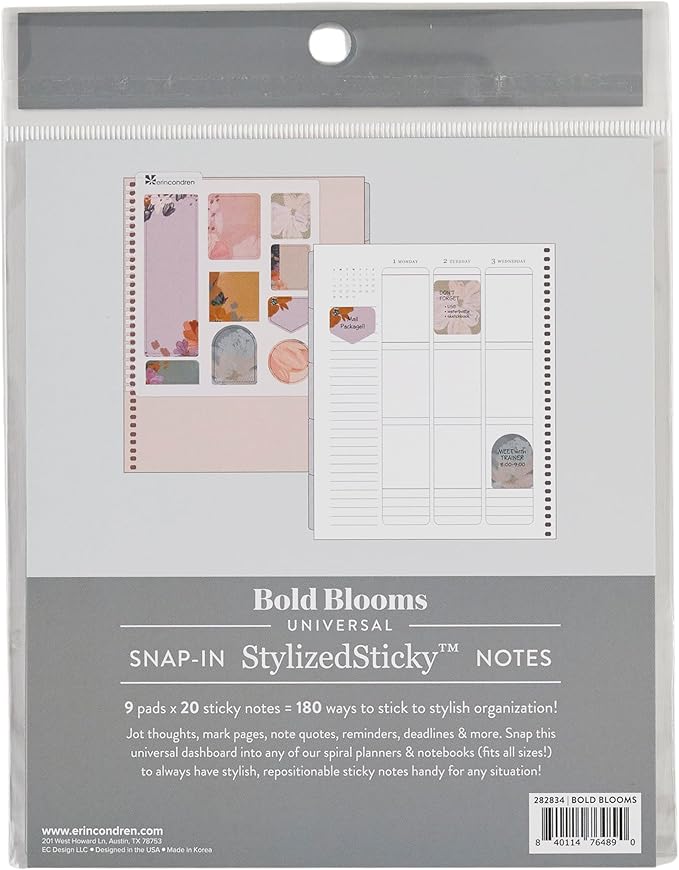 Erin Condren Universal Snap-in Stylized Sticky Notes - Bold Blooms | 9 Pads, 20 Sheets Each, 180 Sticky Notes Total
