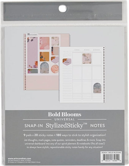 Erin Condren Universal Snap-in Stylized Sticky Notes - Bold Blooms | 9 Pads, 20 Sheets Each, 180 Sticky Notes Total