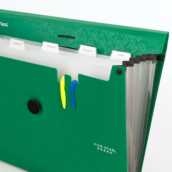 Five Star Expanding File Organizer, 6-Pocket Accordian File Organizer, Bungee Closure, Holds 11" x 8-1/2", Forest Green (350100D-ECM)