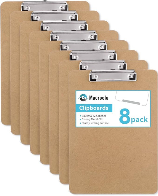 Wood Clipboards Set of 8, Letter Size Hardboard Clip Board 8.5x11 for Classroom, Students, Kid, A4 Standard Size 9" x 12.5" with Low Profile Clip, Office & School Supply