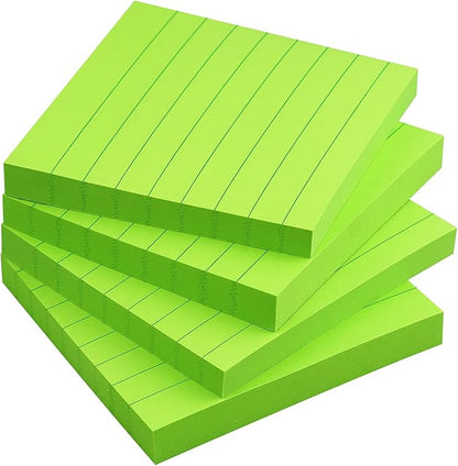 Lined Sticky Notes 3x3 Sticky Notes with Lines Self-Stick Notes Bright Color 4 Pads 90 Sheets/Pad (Green)